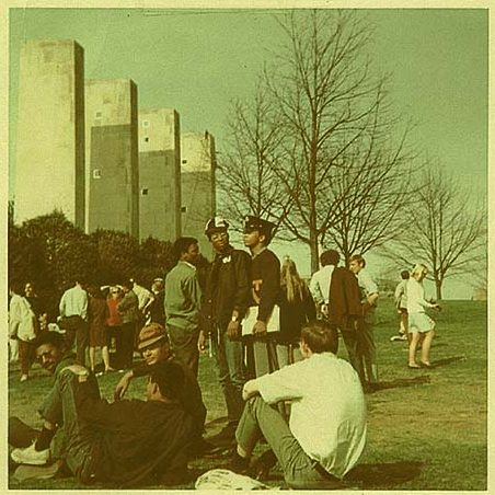 A historical photo of students in front of the Pylons