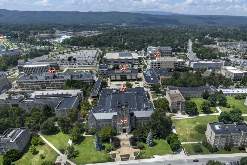 An aerial view of campus from a virtual tour