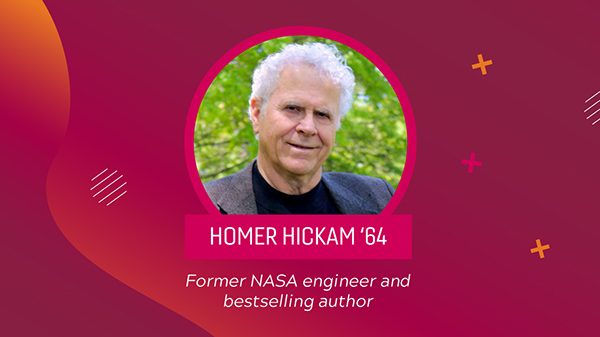 Homer Hickam headshot on a maroon background with text