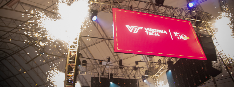 Virginia Tech sign with fireworks