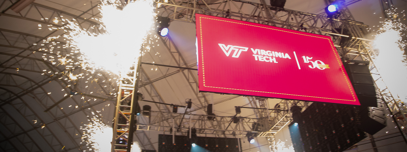 Virginia Tech sign with fireworks 