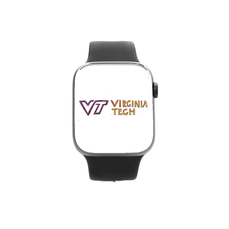 An apple watch with a Virginia Tech doodle logo