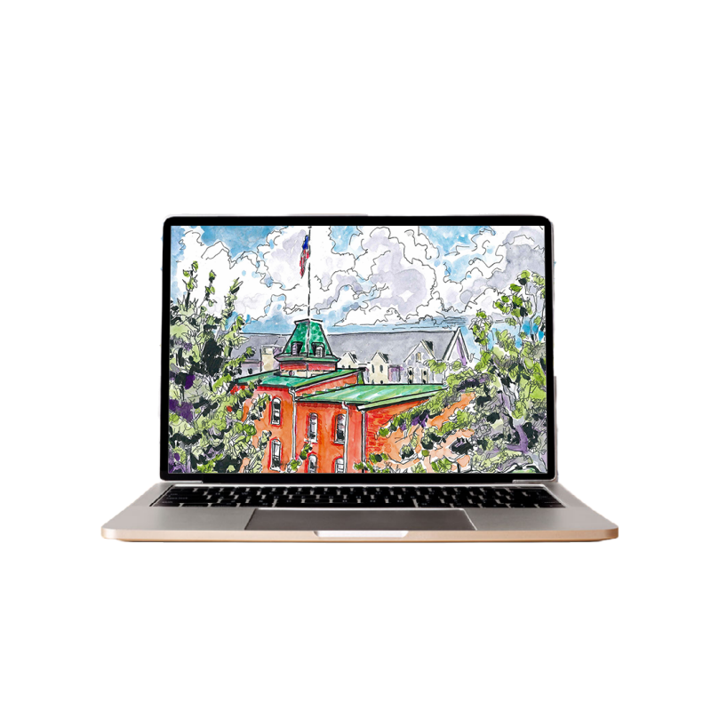 A laptop with a doodle of Lane Hall