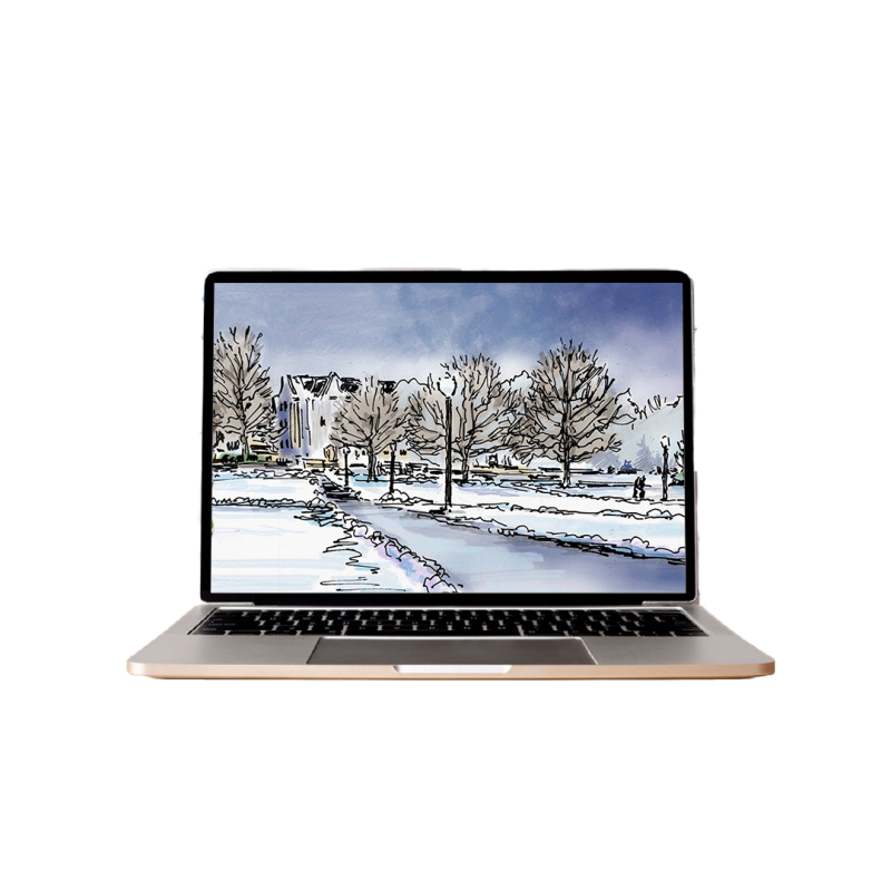 A laptop with a winter doodle scene