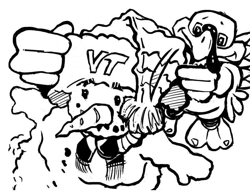 A Doodle of the HokieBird putting a winter hat on a snow man