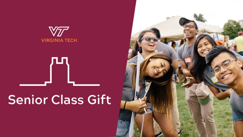 Text on the right saying Senior Class Gift Campaign and Text “2019” to 91999 To make your gift and on the right a group of smiling students