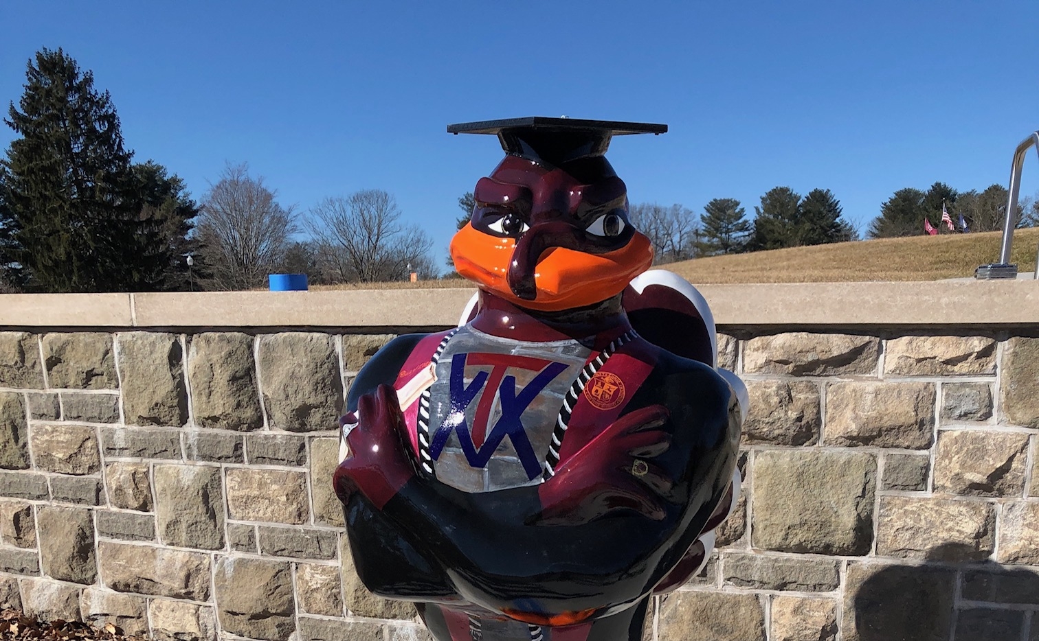 Image of fiberglass Grad HokieBird Statue near Hokie stone wall, blue sky in background. Hokiebird is wearing graduation regalia including a grad cap with tassel.