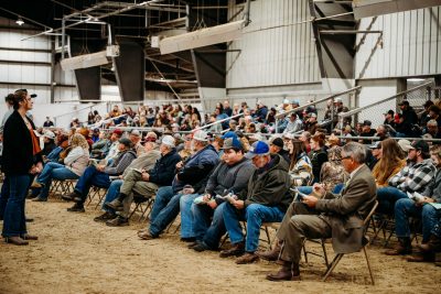 A crowd of over 100 fills the stands in the livestock arena.